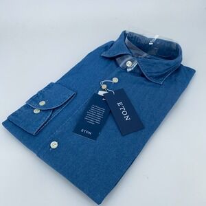 Eton Dress Shirt Mens XL 17 - 43 Slim Fit Indigo Fabric Blue Denim L/S Button Up